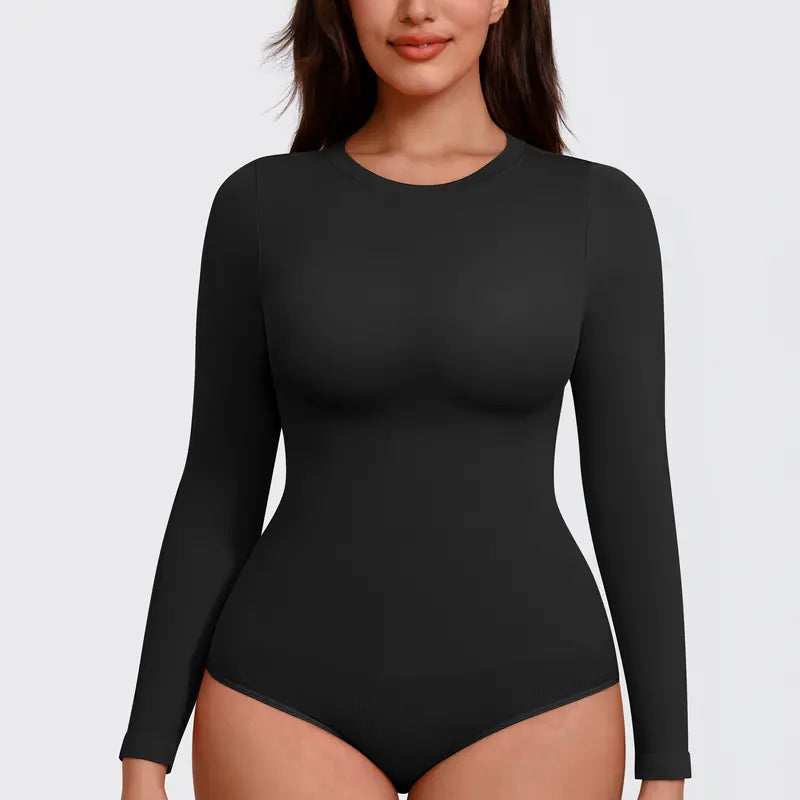 Seamless Round Neck Long Sleeve Compression Shapewear Bodysuit