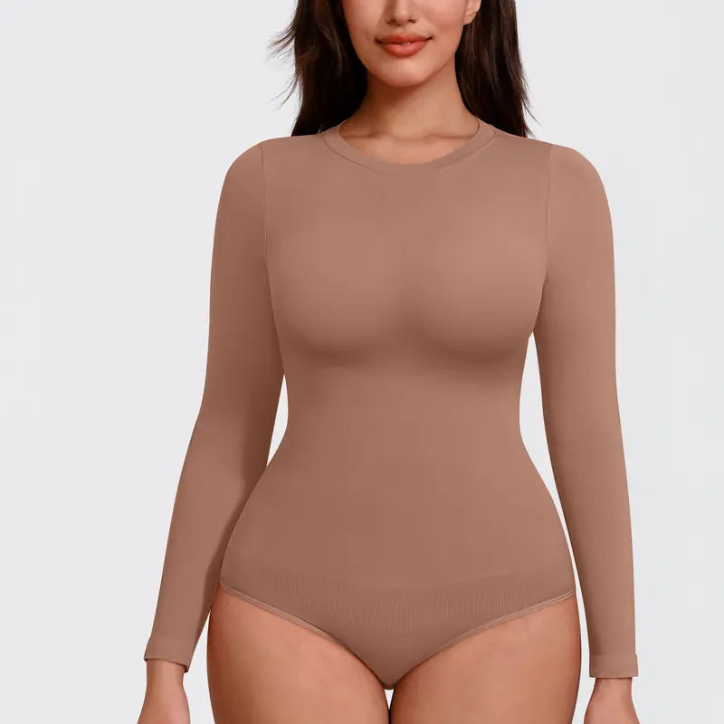Seamless Round Neck Long Sleeve Compression Shapewear Bodysuit