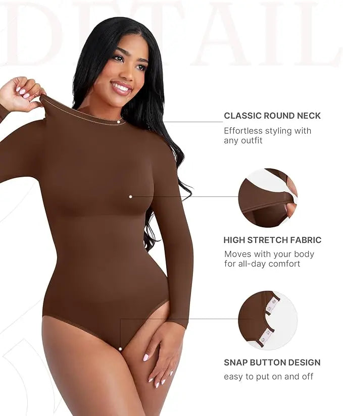 Seamless Round Neck Long Sleeve Compression Shapewear Bodysuit